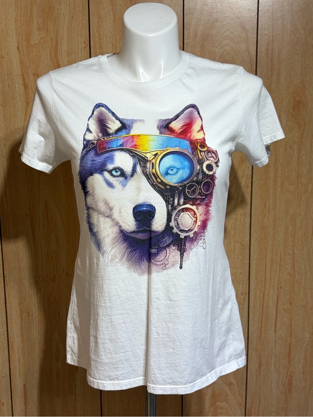 Port and Company White Tee with Colorful Steampunk Husky Graphic SZ - L